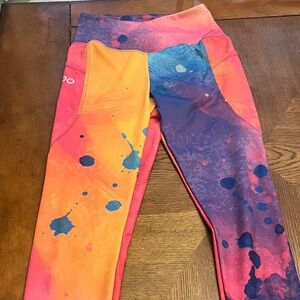 Colorblock Splash Print High-Waist Leggings - Orange, Pink & Purple